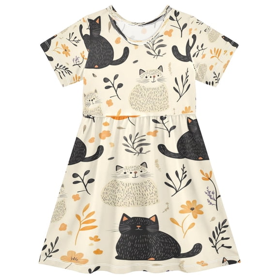 Girls Short Sleeve A-Line Dress White Cat and Black Cat Play Dress Sizes 2T