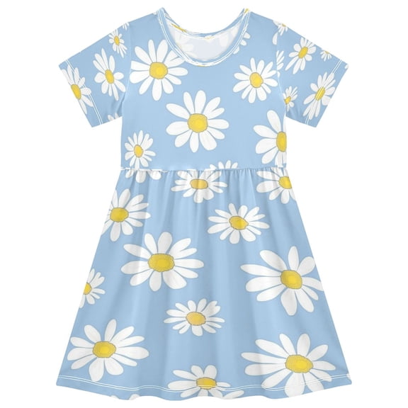 Girls Short Sleeve A-Line Dress White Daisies Pattern Play Dress Sizes 2T