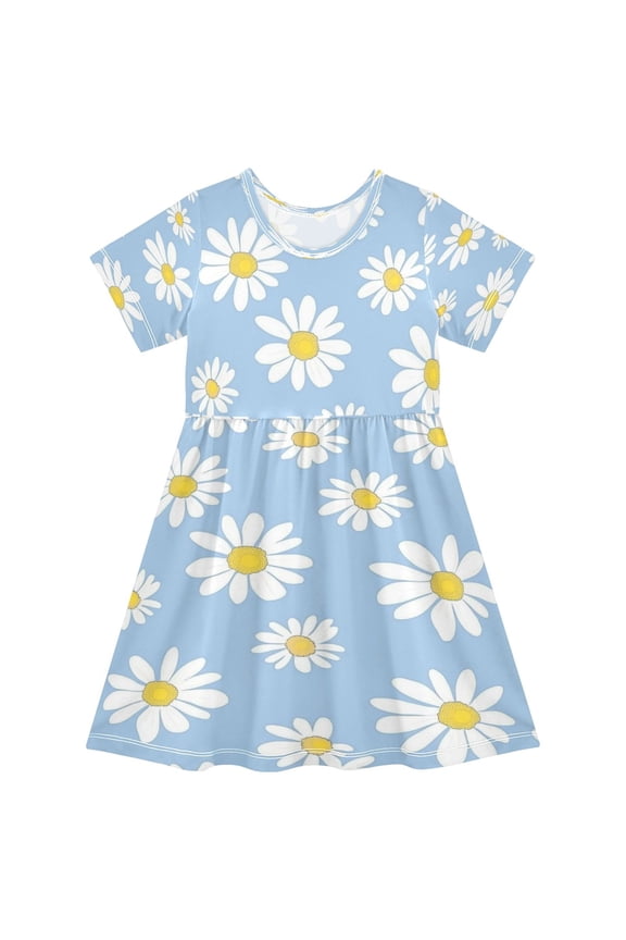 Girls Short Sleeve A-Line Dress White Daisies Pattern Play Dress Sizes 2T
