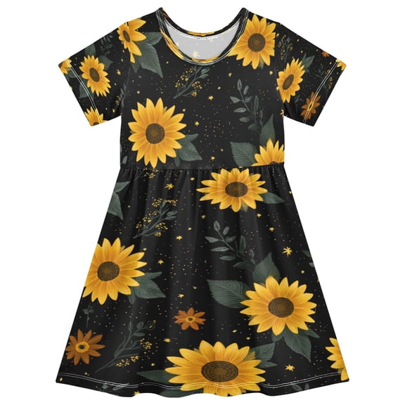 Girls Short Sleeve A-Line Dress Yellow Sunflower Pattern Play Dress Sizes 2T