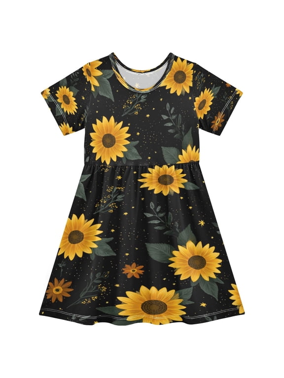 Girls Short Sleeve A-Line Dress Yellow Sunflower Pattern Play Dress Sizes 2T