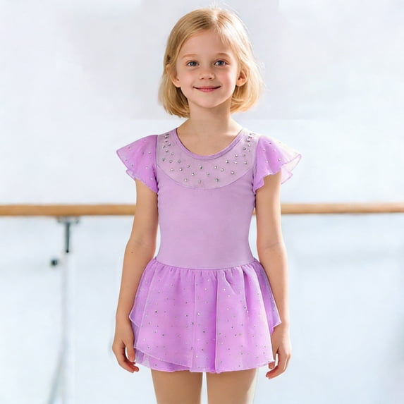 Girls Short Sleeve Ballet Romper with Sparkly Skirt for Dance Practice and Performance Girl Dress