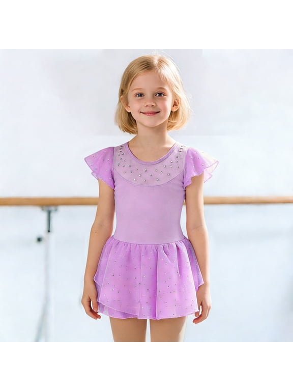 Girls Short Sleeve Ballet Romper with Sparkly Skirt for Dance Practice and Performance Girl Dress