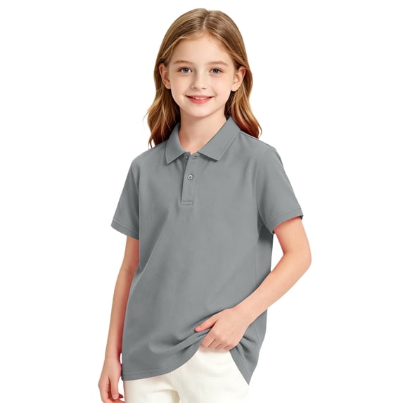 Girls Short Sleeve Basic Pique Polo Shirts School Uniform Golf Shirts Gray 150