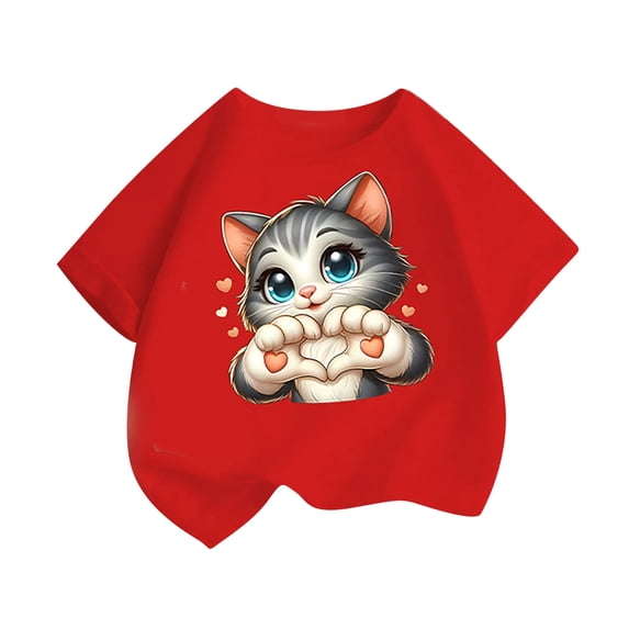 Girls Short Sleeve Breathable Summer T Shirt Cute Cat Print Kids Casual Tee Soft Fashion