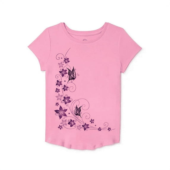 Girls' Short Sleeve Butterflies and Flowers Graphic T-Shirt Size 10-12