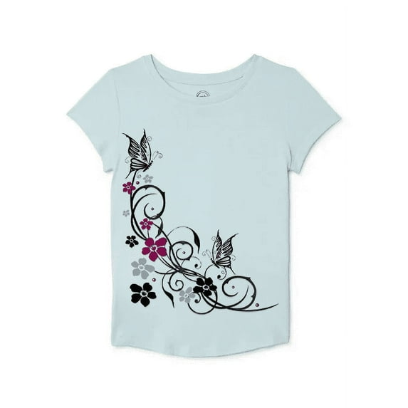 Girls' Short Sleeve Butterflies and Flowers Graphic T-Shirt Size 10-12