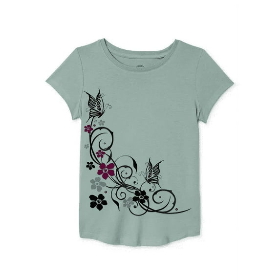 Girls' Short Sleeve Butterflies and Flowers Graphic T-Shirt Size 6-7