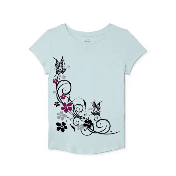 Girls' Short Sleeve Butterflies and Flowers Graphic T-Shirt Size 6-7