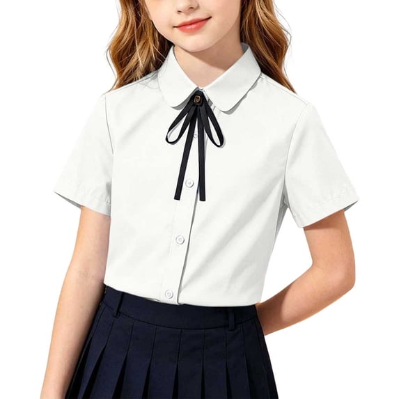 Girls' Short-Sleeve Button-Down Shirt with Bow Tie, 1-18Y Kids Solid Color Preppy Style Collared Blouse, Casual & School Uniform Top for All Occasions White 10 Years