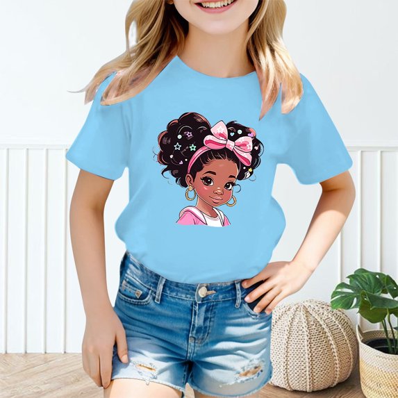 Girls' Short Sleeve Cartoon Painted Graphic T-Shirt, Everyday Casual Wear, Soft & Comfortable Fit Tops Blue,7-8 Years