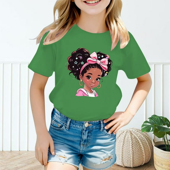 Girls' Short Sleeve Cartoon Painted Graphic T-Shirt, Everyday Casual Wear, Soft & Comfortable Fit Tops Green,5-6 Years