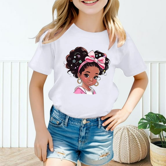 Girls' Short Sleeve Cartoon Painted Graphic T-Shirt, Everyday Casual Wear, Soft & Comfortable Fit Tops White,11-12 Years