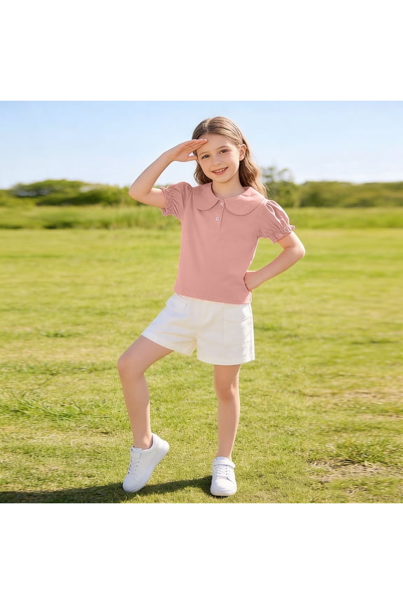 Girls Short Sleeve Cotton Puff Sleeve Top Peter Pan Collar Blouse Kids Little Girl Soft Casual Summer Shirt,Size 6 T