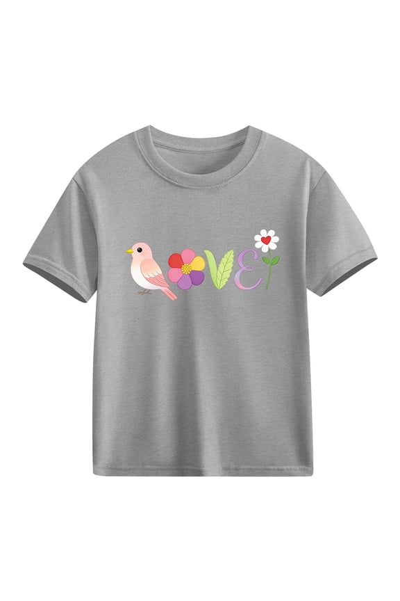 Girls Short Sleeve Cotton T-Shirt Kids Cute Love Bird Floral Graphic Tee Soft Casual Top for Kids Little Big Girls,Size 5 T
