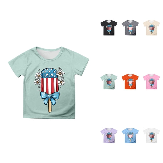 Girls' Short Sleeve Cotton Tee with American Flag & Bow Print – 4th of July Independence Day Casual Top, Round Neck Blouse for Everyday Wear & Party Outfits (2-12 Years)