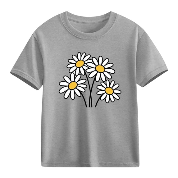 Girls' Short Sleeve Daisy T-Shirt, Cotton Cute Flower Print Tee for Kids & Kidss, Gray Casual Basic Top for Play,Size 7 T