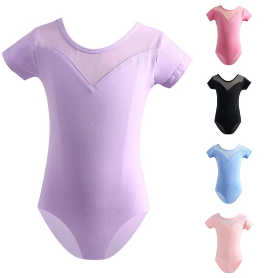Girls Short Sleeve Dance Leotard Mesh Splice Neckline Bodysuit for Ballet Practice Class Training Top