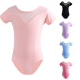 thumbnail image 1 of Girls Short Sleeve Dance Leotard Mesh Splice Neckline Bodysuit for Ballet Practice Class Training Top, 1 of 3