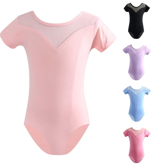 Girls Short Sleeve Dance Leotard Mesh Splice Neckline Bodysuit for Ballet Practice Class Training Top