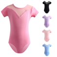 thumbnail image 1 of Girls Short Sleeve Dance Leotard Mesh Splice Neckline Bodysuit for Ballet Practice Class Training Top, 1 of 3