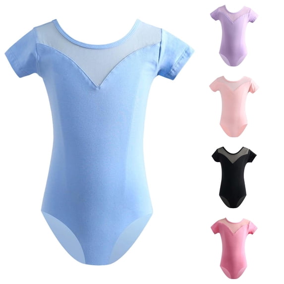 Girls Short Sleeve Dance Leotard Mesh Splice Neckline Bodysuit for Ballet Practice Class Training Top