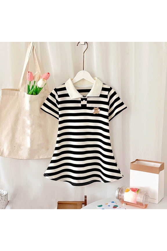 Girls Short Sleeve Dress Peter Pan Collar Casual Cotton Dresses Black 2-3 Years