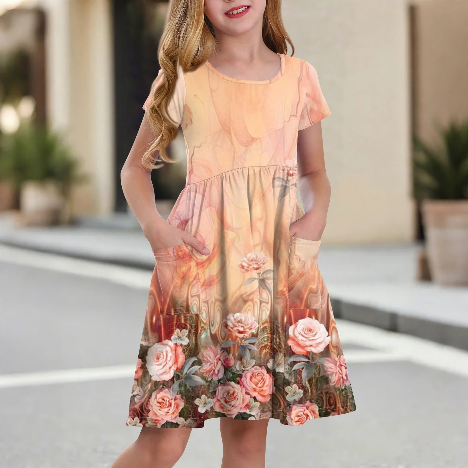 Summer Kids Girls Dresses Short Sleeve A Line Girls Dresses Floral Print Pleated Dress For Girl
