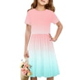 thumbnail image 1 of Girls Short Sleeve Dresses A-Line Juniors Teens Trendy Gradient Printed Pleated Crew Neck Pullover Comfort Going-Out Midi Dress Size 4-14, 1 of 7