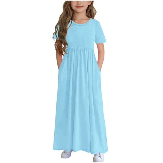 Girls Short Sleeve Dresses Casual Loose Ruffle Maxi Dress with Pockets 4-14 Years