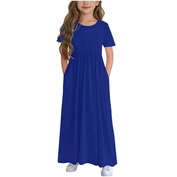 Girls Short Sleeve Dresses Casual Loose Ruffle Maxi Dress with Pockets 4-14 Years