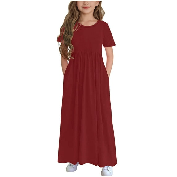 Girls Short Sleeve Dresses Casual Loose Ruffle Maxi Dress with Pockets 4-14 Years