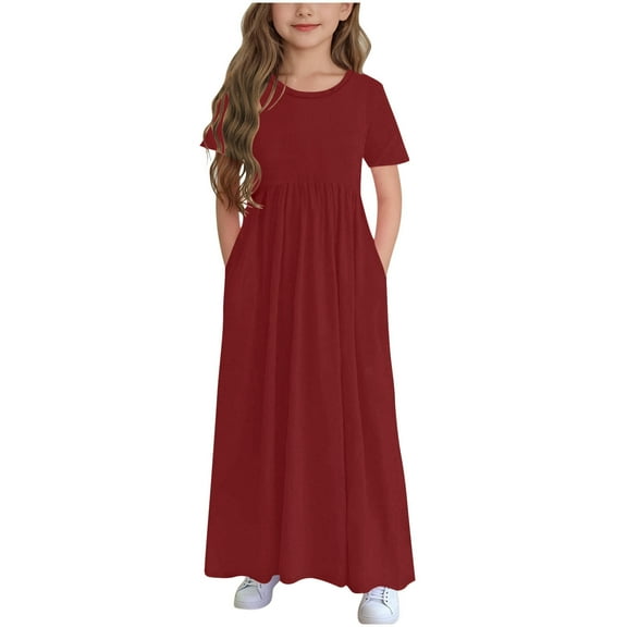 Girls Short Sleeve Dresses Casual Loose Ruffle Maxi Dress with Pockets 4-14 Years