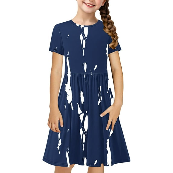 Girls Short Sleeve Flowy Dress Child Kids A-Line Skater Flowy Summer Casual T-Shirt Dresses Kids Puff Sleeve Dress Navy 11Y