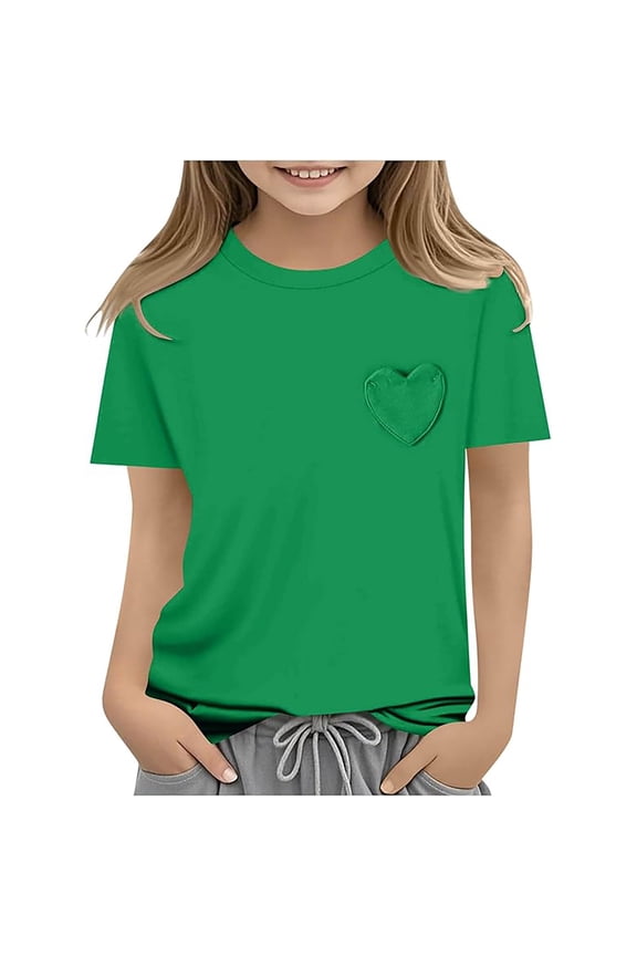 Girls Short Sleeve Heart Pocket T Shirts Casual Tee Tops Blouse (2 12 Years)