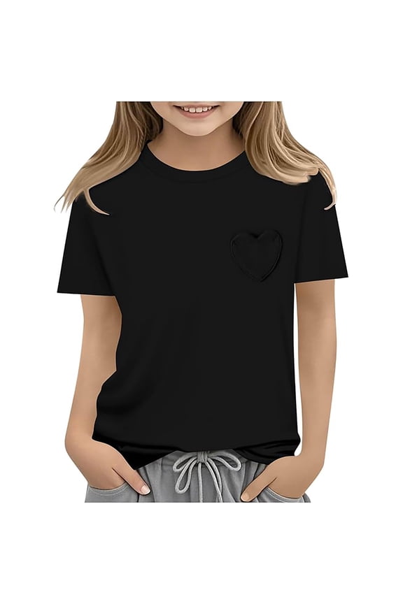 Girls Short Sleeve Heart Pocket T Shirts Casual Tee Tops Blouse (2 12 Years)