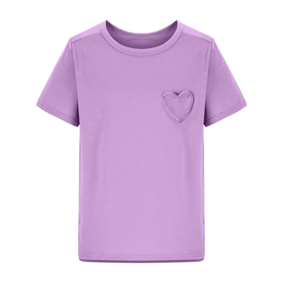 Girls Short Sleeve Heart Pocket T-Shirts Summer Casual Cotton Tee Tops Crew Neck Blouse