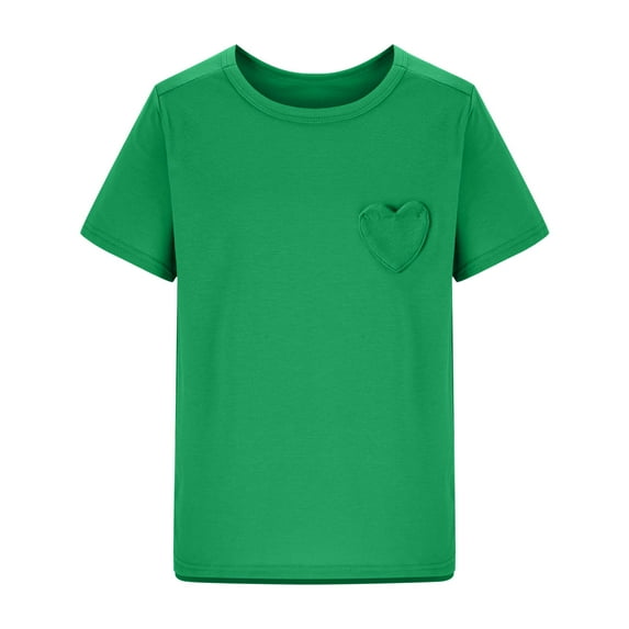 Girls Short Sleeve Heart Pocket T-Shirts Summer Casual Cotton Tee Tops Crew Neck Blouse