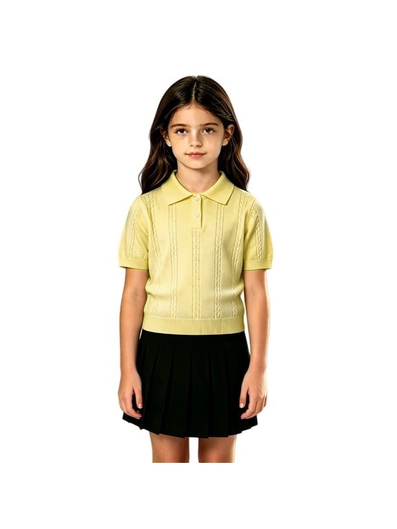 Girls Short Sleeve Knit Polo Shirt Collared Button Front School Uniform Ribbed Textured Cable Pattern Pullover Top