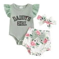 thumbnail image 1 of Girls Short Sleeve Letter Printed Ribbed Romper Bodysuits Floral Printed Shorts Headbands Outfits, 1 of 3