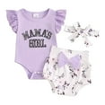 thumbnail image 1 of Girls Short Sleeve Letter Printed Ribbed Romper Bodysuits Floral Printed Shorts Headbands Outfits, 1 of 3