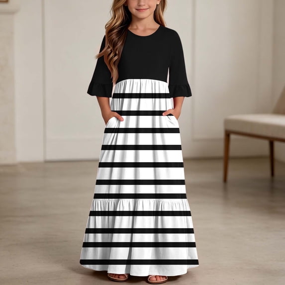 Girls Short Sleeve Maxi Dress Striped Print Casual Fit and Flare Party Dress with Pockets Black 5-6 Years
