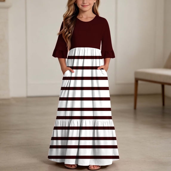 Girls Short Sleeve Maxi Dress Striped Print Casual Fit and Flare Party Dress with Pockets Wine 4-5 Years