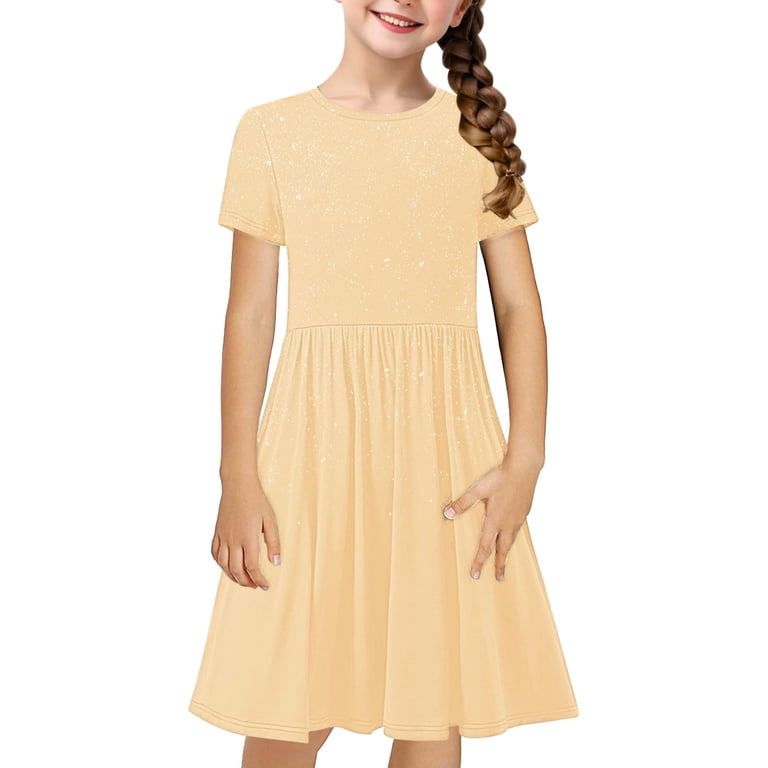 semi formal skater dress gienakse Girls Short Sleeve Midi Solid Color Loose Fitting and Flare Party Dress a Line Sundress Kids Dresses Beige 9Y SID-ID35315