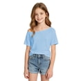 thumbnail image 1 of Girls Short Sleeve Off-the-Shoulder T-Shirt, Kids Solid Color Casual Top, Breathable Knit Asymmetric Neckline Tee for Everyday Wear(Light Blue,10-11 Years), 1 of 5