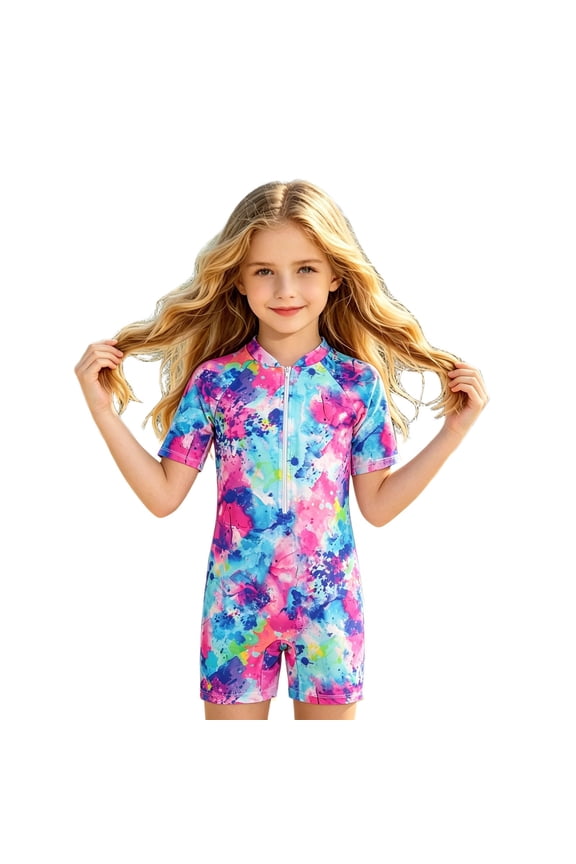 Girls Short Sleeve One Piece Swimsuit UPF 50+ – Cute Rash Guard with Front Zipper – Beach Pool (Traje de Baño Niñas)