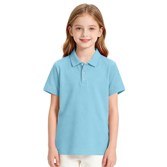 Girls Short Sleeve Pique Polo Shirt Preschool Shirt Matching Ribbed Collar Banded Sleeves Three-button Placket Uniform Sky Blue 120