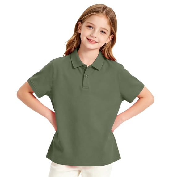 Girls Short Sleeve Pique Polo Shirts Kids School Uniform Golf Shirts Army Green 140