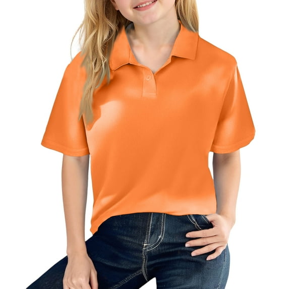 Girls' Short Sleeve Polo School Uniform Button Closure, Moisture Wicking Performance Material, Comfortable Orange Size 130