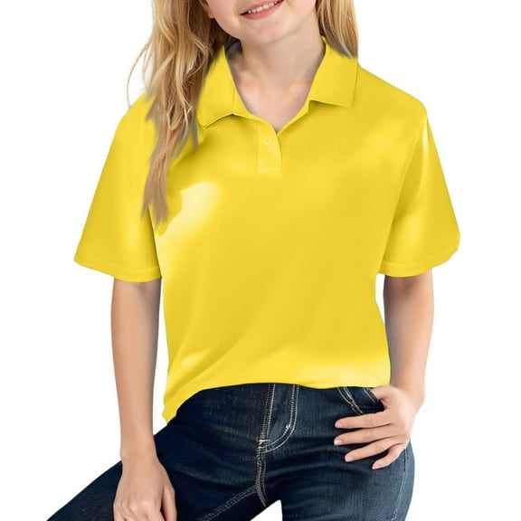Girls' Short Sleeve Polo School Uniform Button Closure, Moisture Wicking Performance Material, Comfortable Yellow Size 140